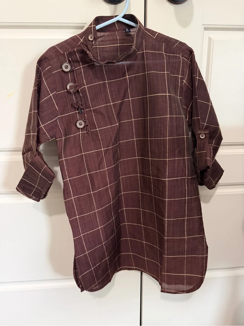 Boys Brown Checked Kurta Tunic Top with Asymmetric Button Detail